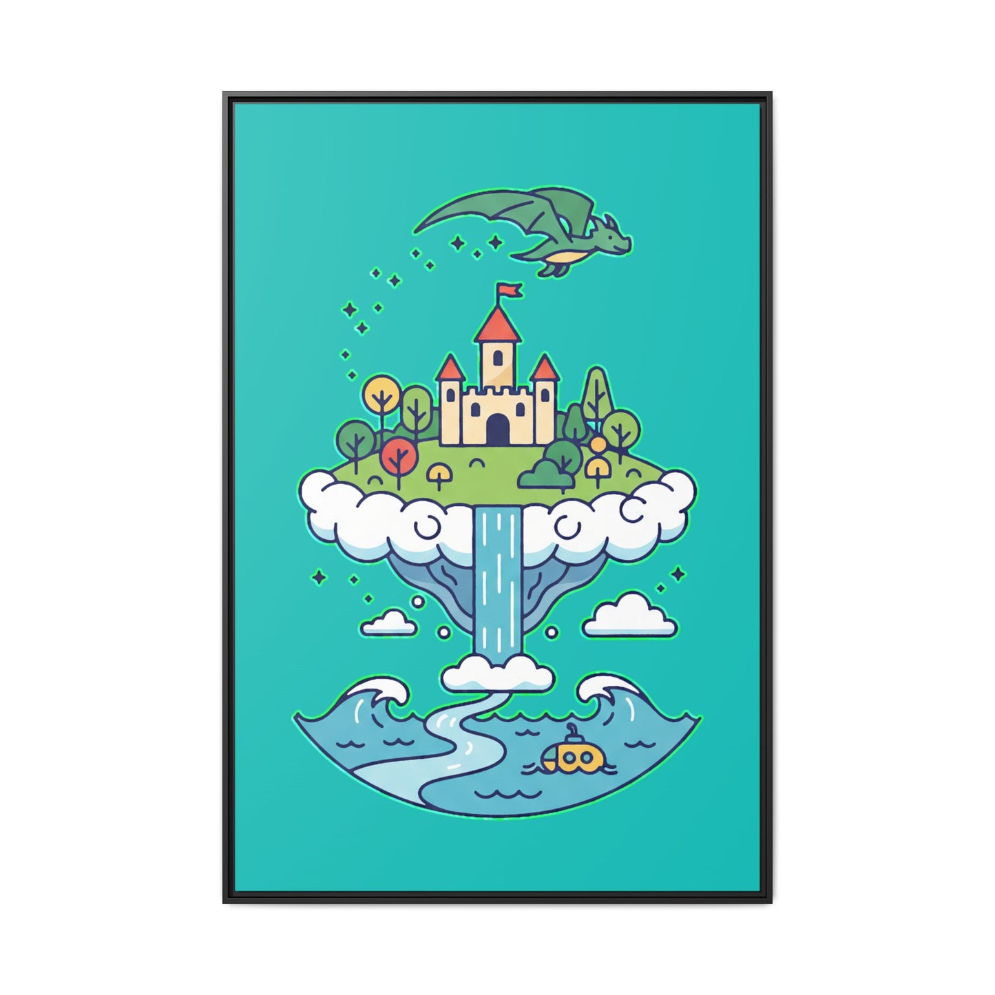 Floating Castle Dragon - Magical Fantasy Island - Framed Canvas