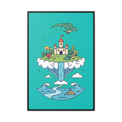 Floating Castle Dragon - Magical Fantasy Island - Framed Canvas