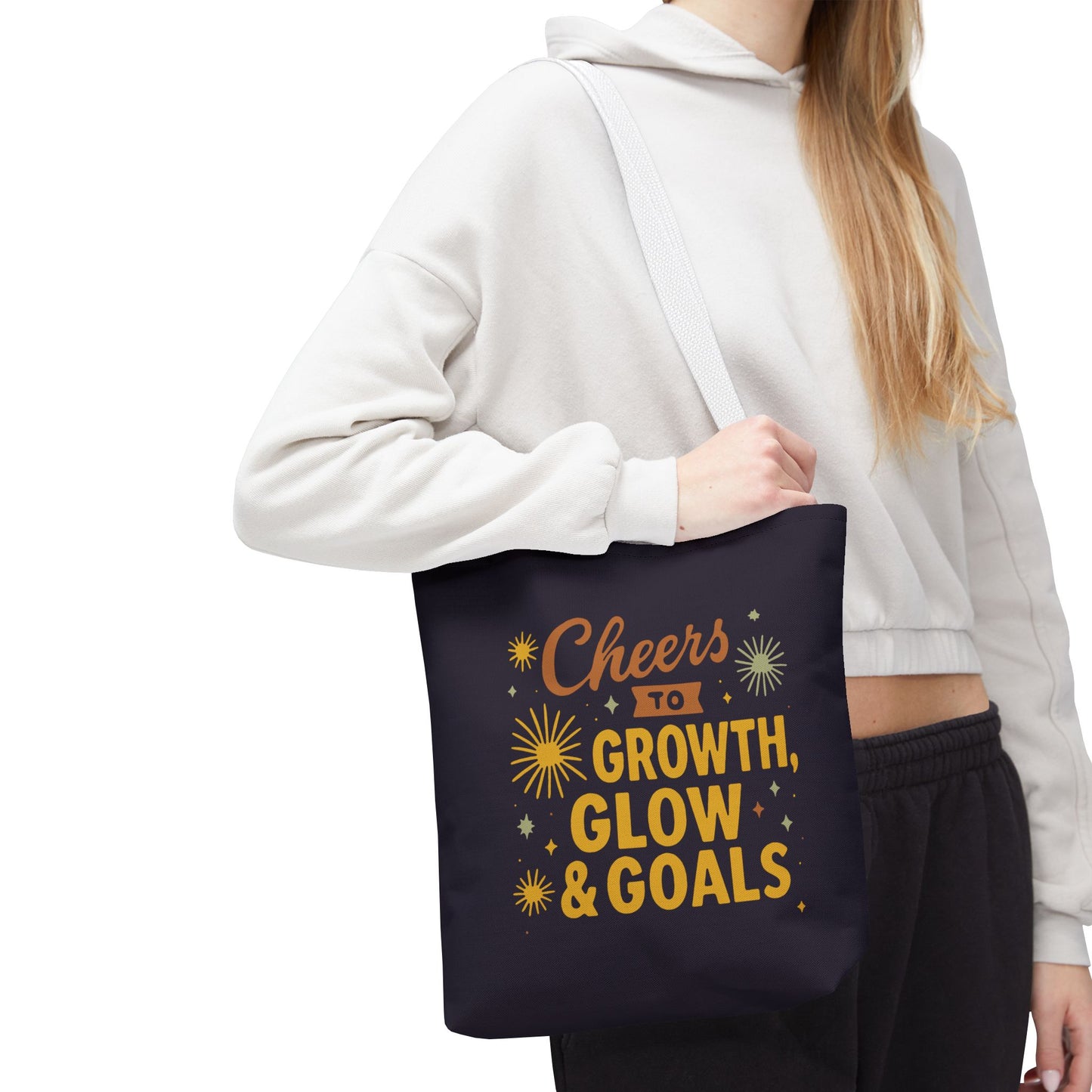 Cheers to Growth Tote Bag, Motivational Gift for Goals, Daily Use, Eco-Friendly Shopping, Inspirational Quotes, New Year's Vibes