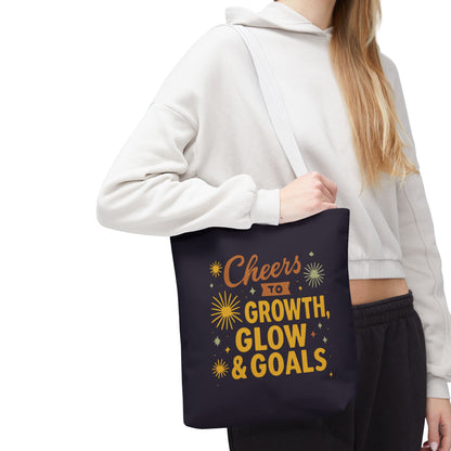 Cheers to Growth Tote Bag, Motivational Gift for Goals, Daily Use, Eco-Friendly Shopping, Inspirational Quotes, New Year's Vibes