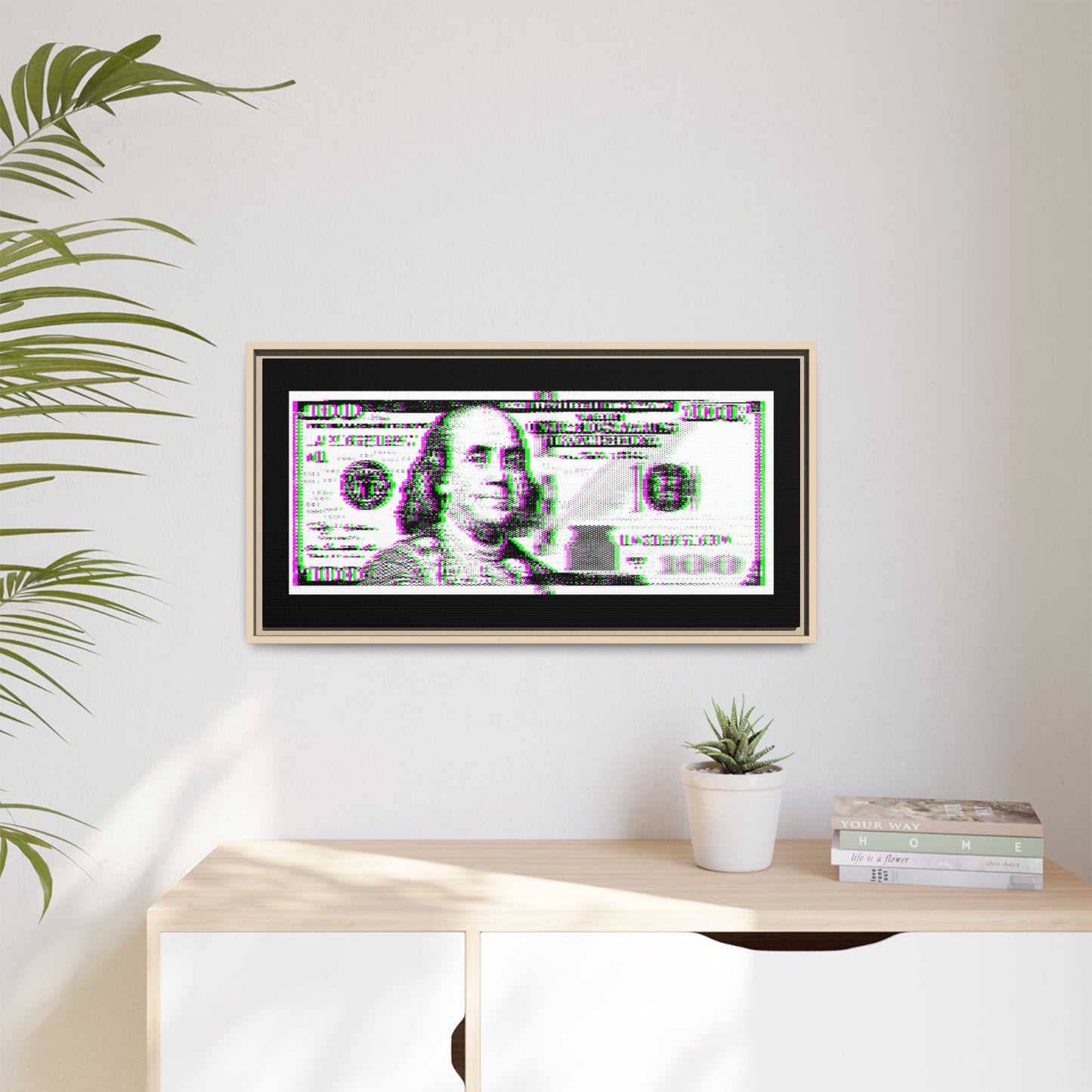 100 Dollars Bill - Green/Magenta Glitch - Framed Canvas