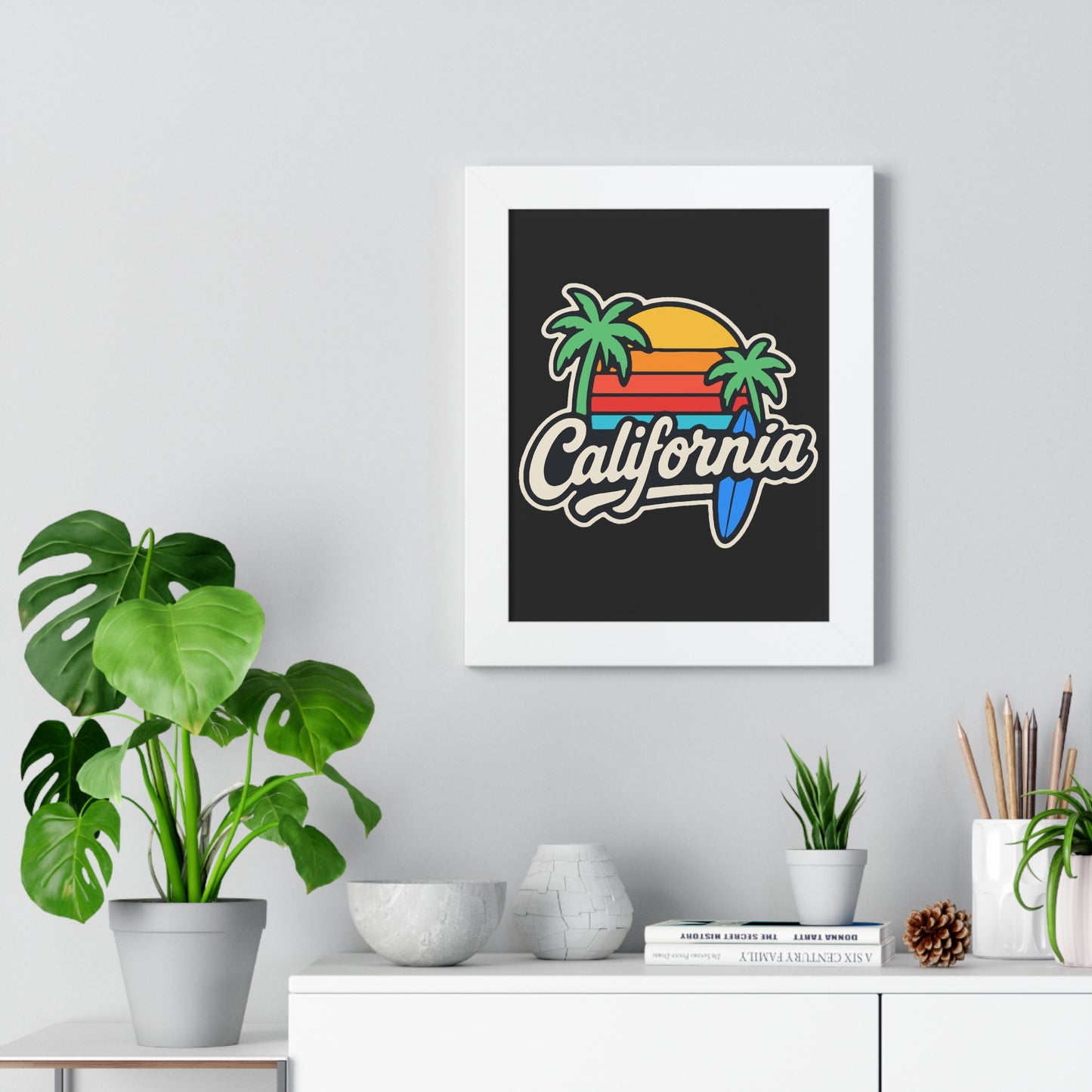 California Sunset Framed Poster, Beach Wall Art, Home Decor, Tropical Vibes, Gift for Surf Lovers