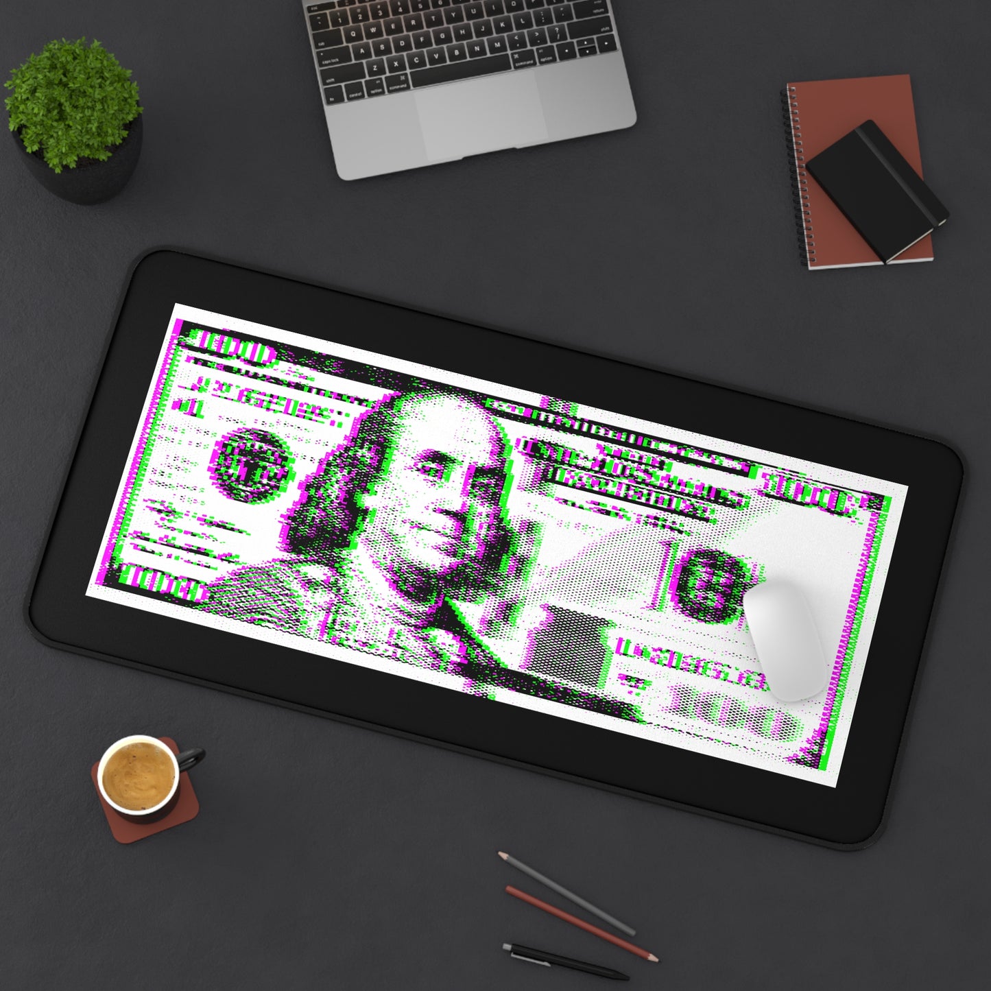 100 Dollars Bill - Green/Magenta Glitch - Desk Mat