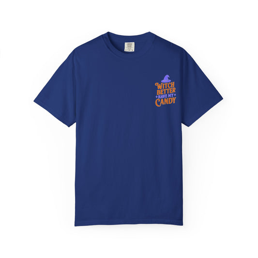 Halloween Candy T-shirt, Unisex Garment-Dyed T-shirt, Spooky Season Apparel, Fall Fashion, Trick or Treat Shirt, Cute Halloween Tee