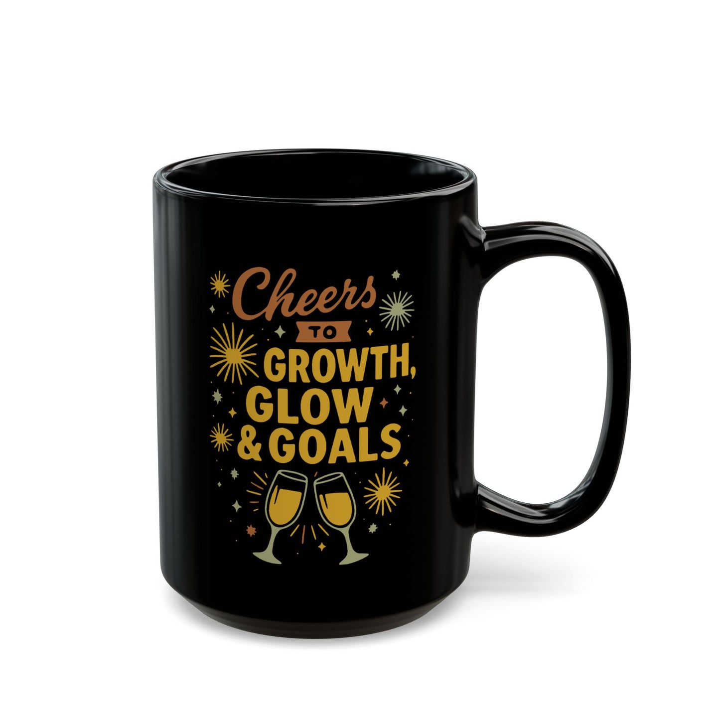 Cheers to Growth Black Mug, Motivational Coffee Cup for Success, Perfect for New Year, Birthdays, or Office Gifts