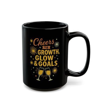 Cheers to Growth Black Mug, Motivational Coffee Cup for Success, Perfect for New Year, Birthdays, or Office Gifts