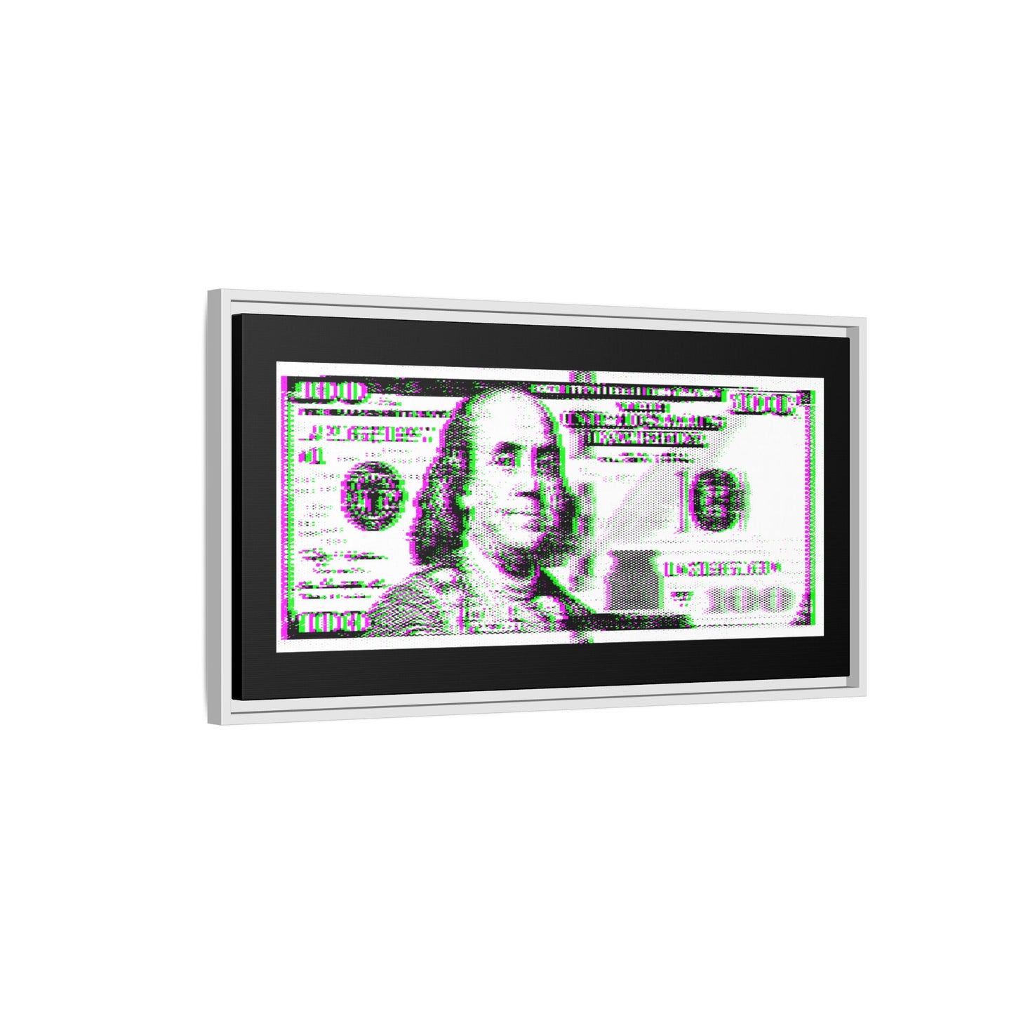 100 Dollars Bill - Green/Magenta Glitch - Framed Canvas