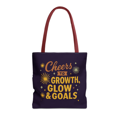 Cheers to Growth Tote Bag, Motivational Gift for Goals, Daily Use, Eco-Friendly Shopping, Inspirational Quotes, New Year's Vibes