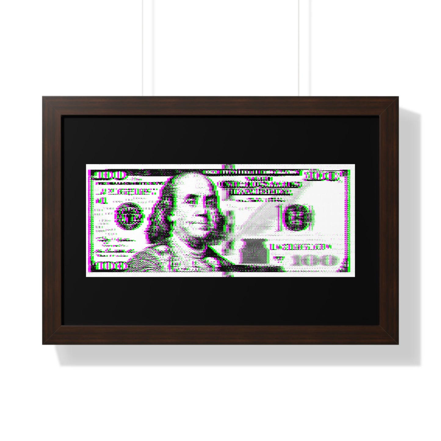 100 Dollars Bill - Green/Magenta Glitch - Framed Poster