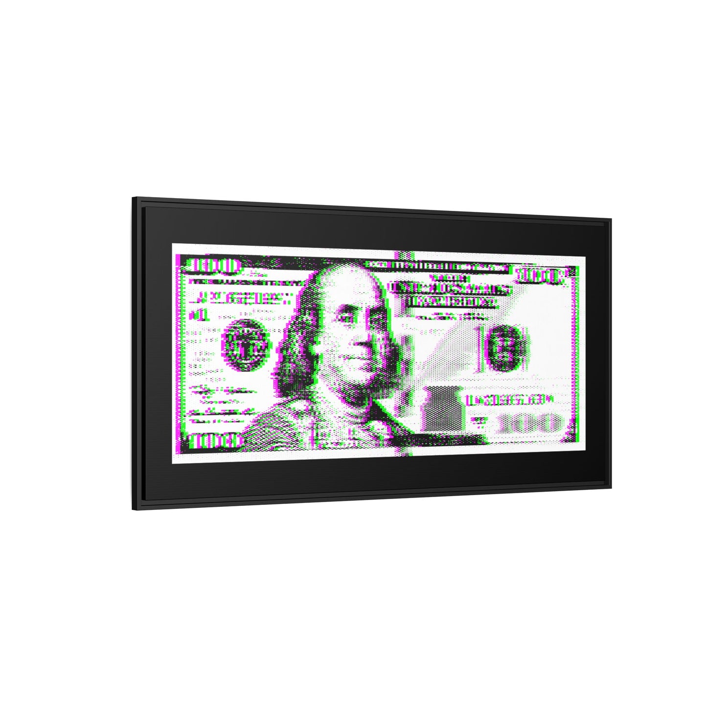 100 Dollars Bill - Green/Magenta Glitch - Framed Canvas