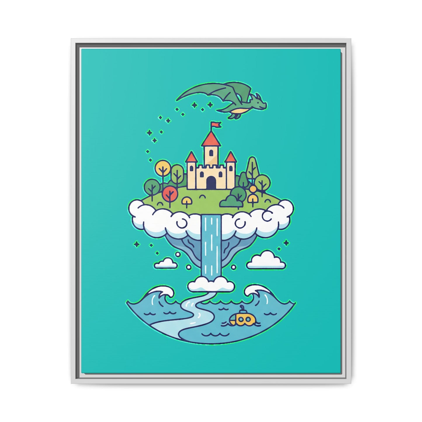 Floating Castle Dragon - Magical Fantasy Island - Framed Canvas