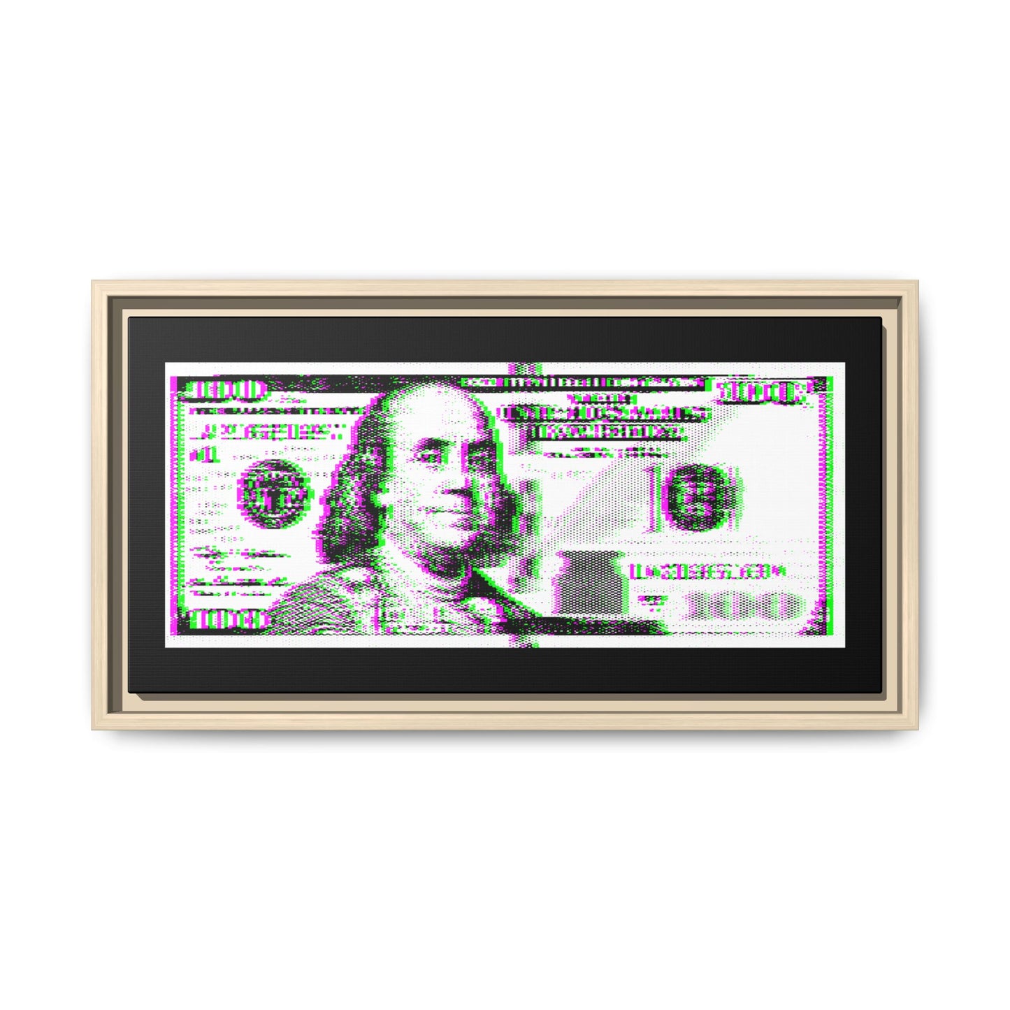 100 Dollars Bill - Green/Magenta Glitch - Framed Canvas