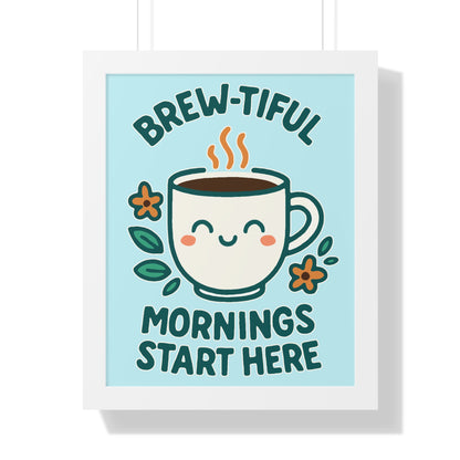 Cute Coffee Wall Art, Brew-tiful Mornings Poster, Kitchen Decor, Gift for Coffee Lovers, Floral Artwork, Home Office Print