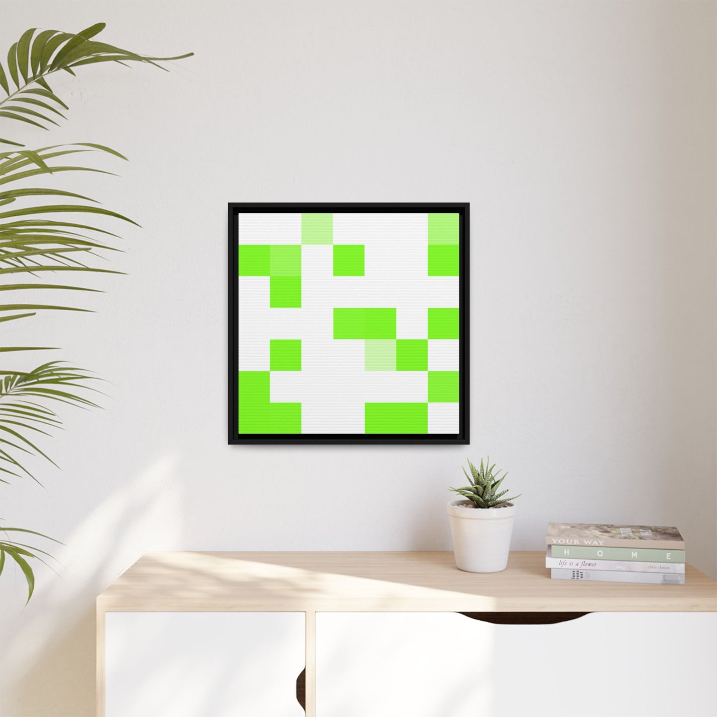 Lime Green Pixel Grid - Framed Canvas