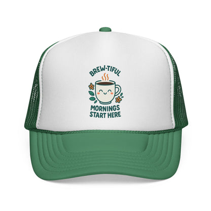 Coffee Lovers Trucker Cap, Brew-tiful Mornings Start Here, Coffee Hat