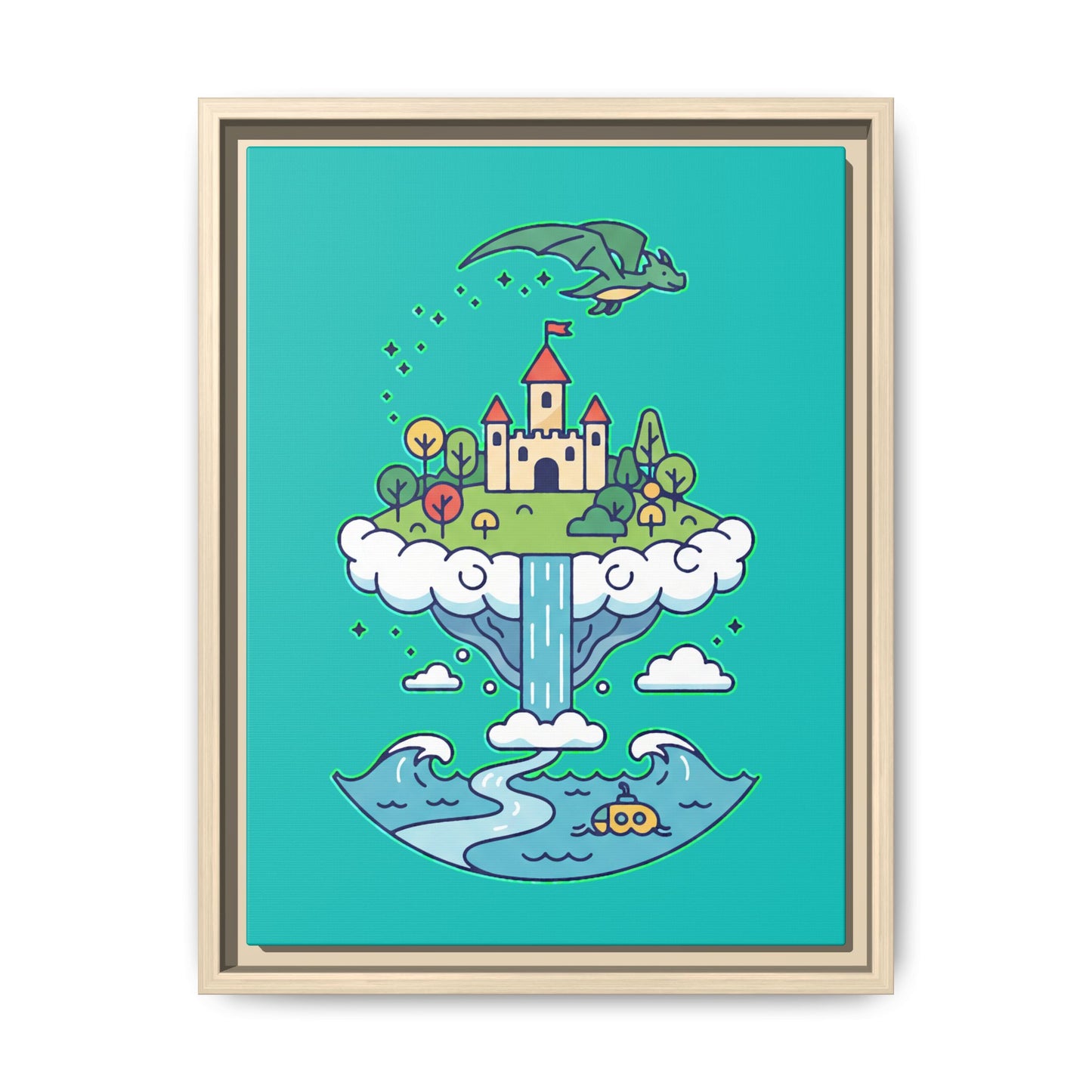 Floating Castle Dragon - Magical Fantasy Island - Framed Canvas