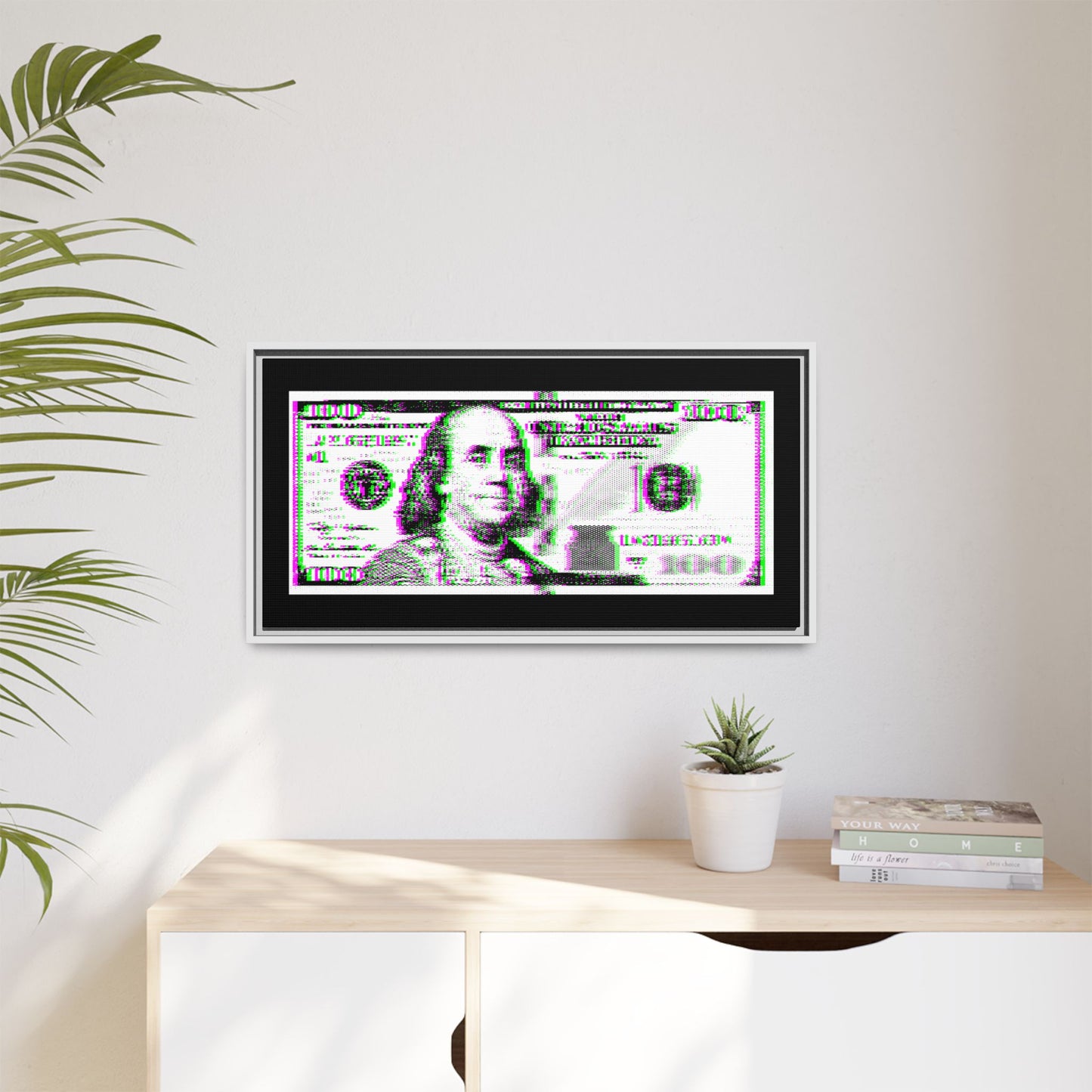 100 Dollars Bill - Green/Magenta Glitch - Framed Canvas