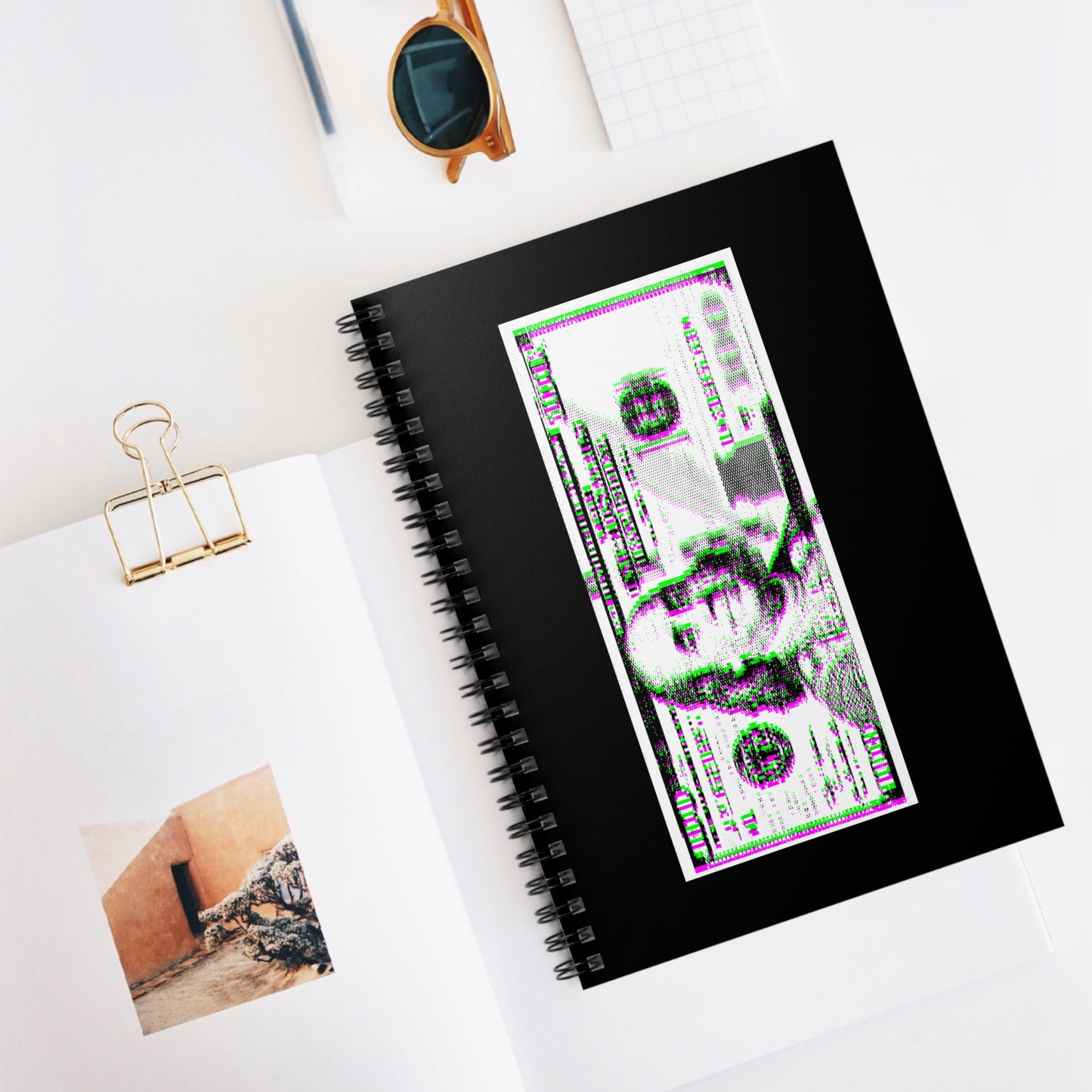 100 Dollars Bill - Green/Magenta Glitch - Spiral Notebook