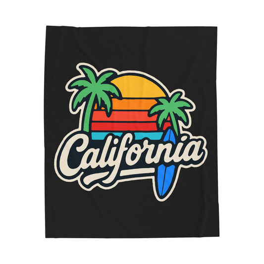 California Sunset Velveteen Plush Blanket, Cozy Beach Vibes, Soft Gift for Surfers, Home Decor, Travel, Camping