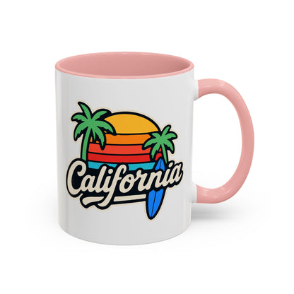 California Surf Vibes Accent Coffee Mug - Great for Beach Lovers, Gift for Surfers, Vacation Memento, Summer Collections, Retro Style