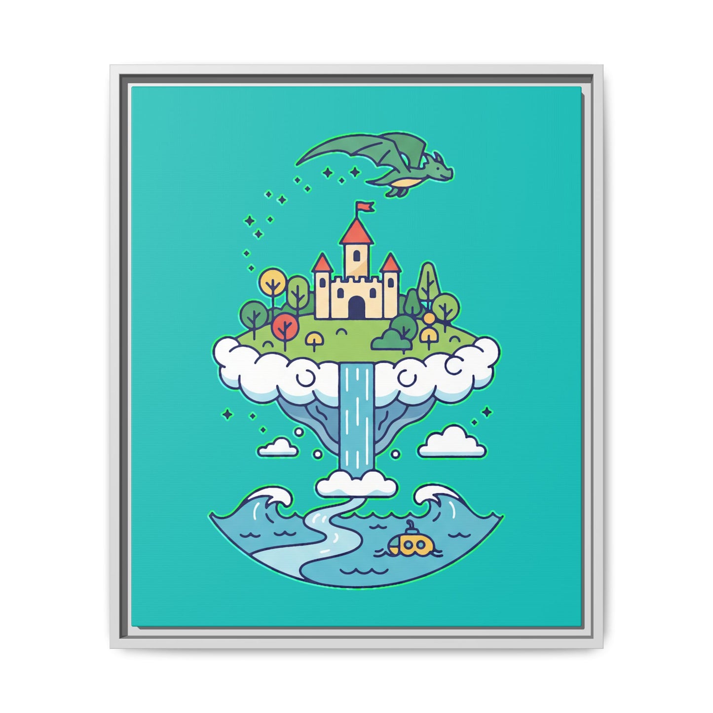 Floating Castle Dragon - Magical Fantasy Island - Framed Canvas