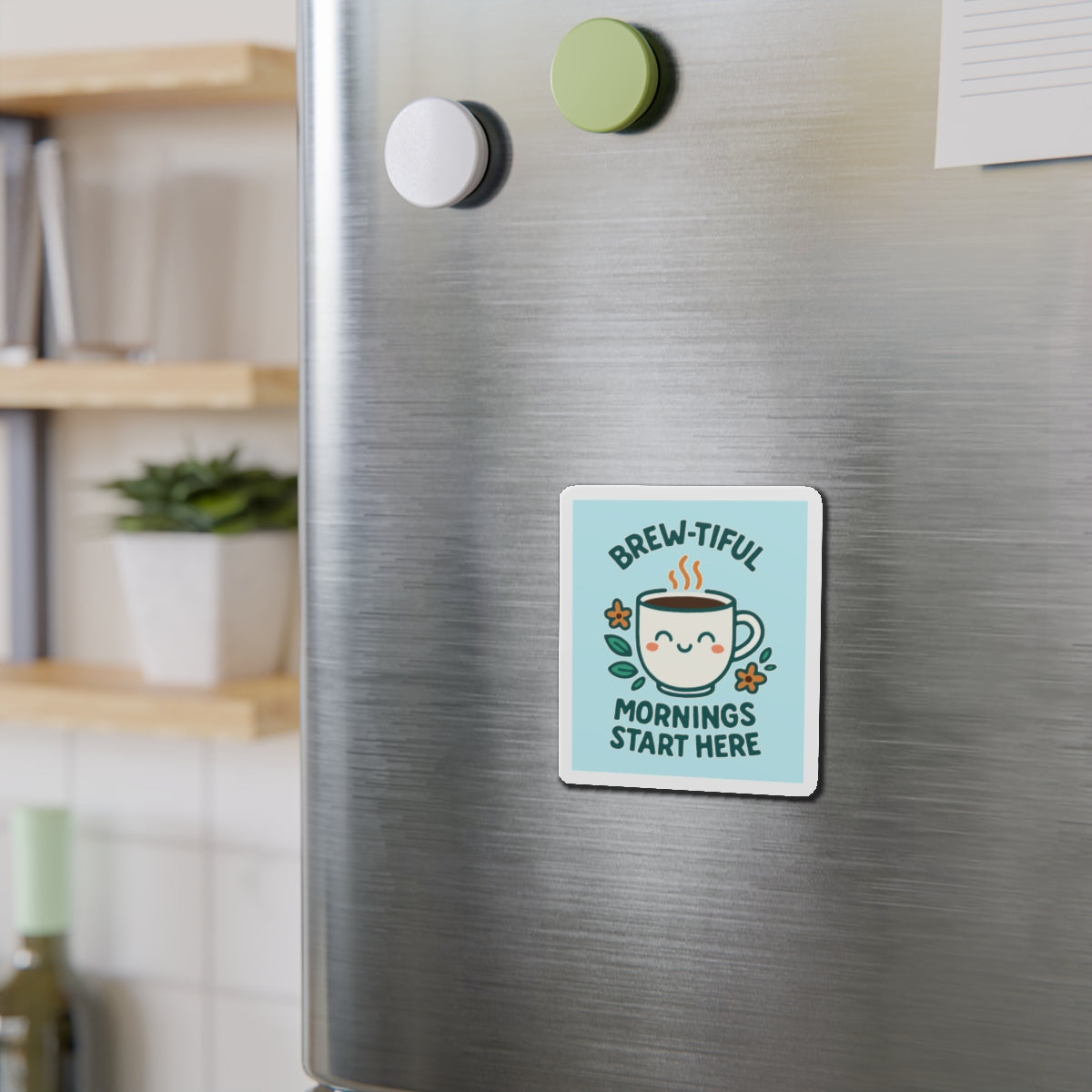 Brew-tiful Mornings Die-Cut Magnet, Cute Coffee Mug Decor, Kitchen Accessory, Gift for Coffee Lovers, Home Decor
