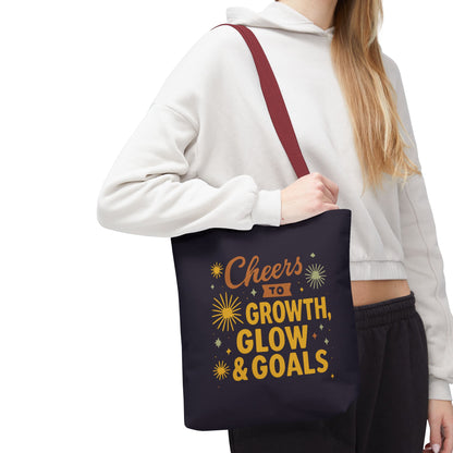 Cheers to Growth Tote Bag, Motivational Gift for Goals, Daily Use, Eco-Friendly Shopping, Inspirational Quotes, New Year's Vibes