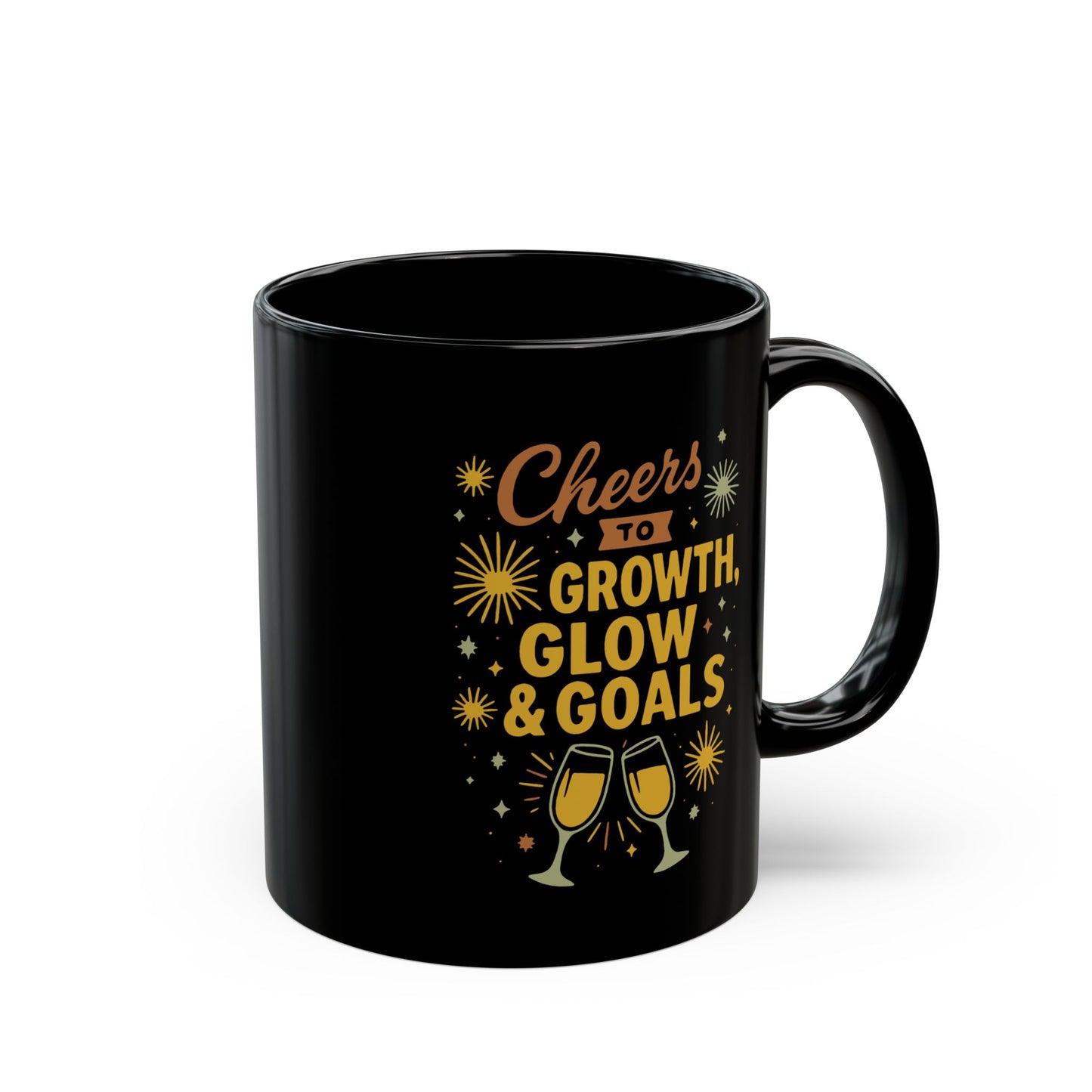 Cheers to Growth Black Mug, Motivational Coffee Cup for Success, Perfect for New Year, Birthdays, or Office Gifts