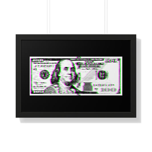 100 Dollars Bill - Green/Magenta Glitch - Framed Poster