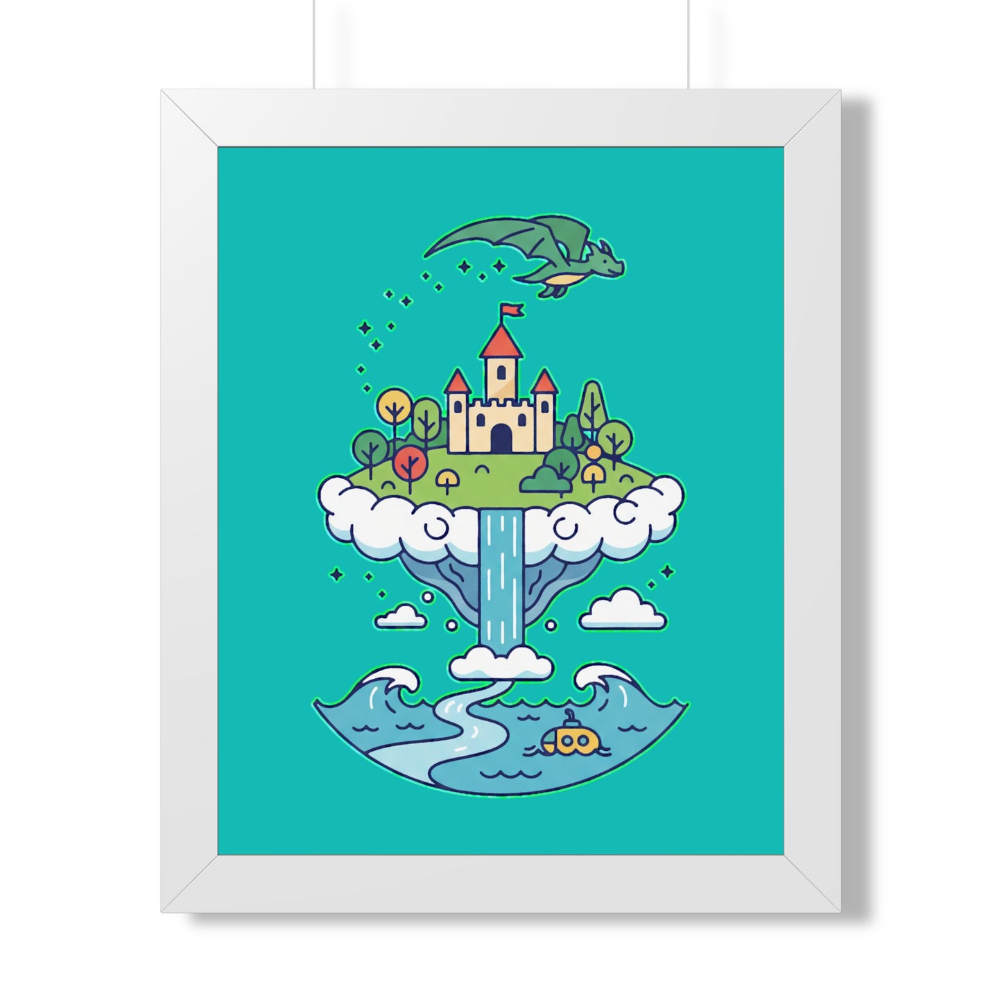 Floating Castle Dragon - Magical Fantasy Island - Framed Poster