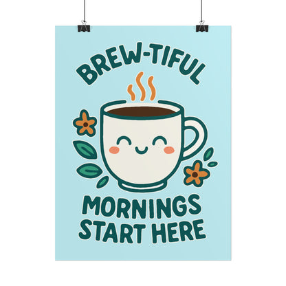 Charming Coffee Wall Art Print, Cute Brew-tiful Mornings Poster, Kitchen Decor, Gift for Coffee Lovers, Hygge Home Style
