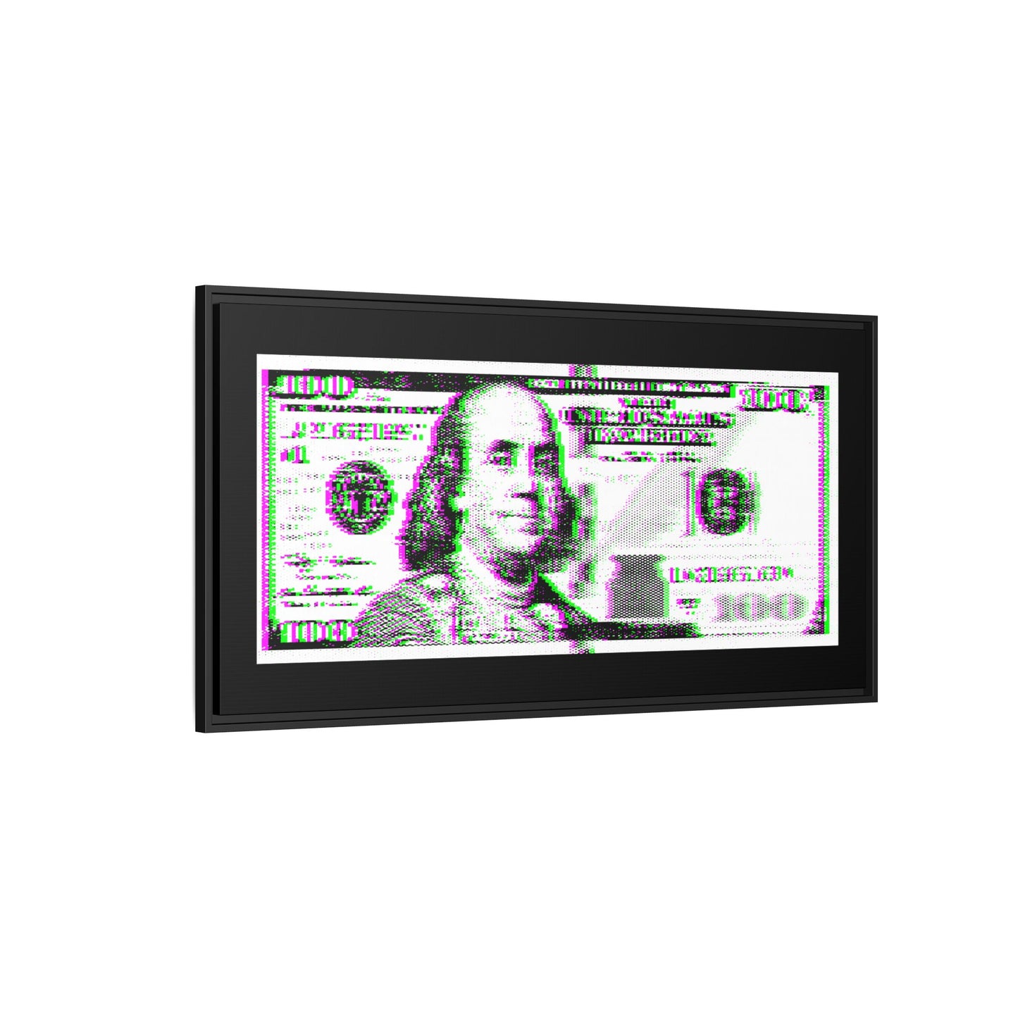 100 Dollars Bill - Green/Magenta Glitch - Framed Canvas