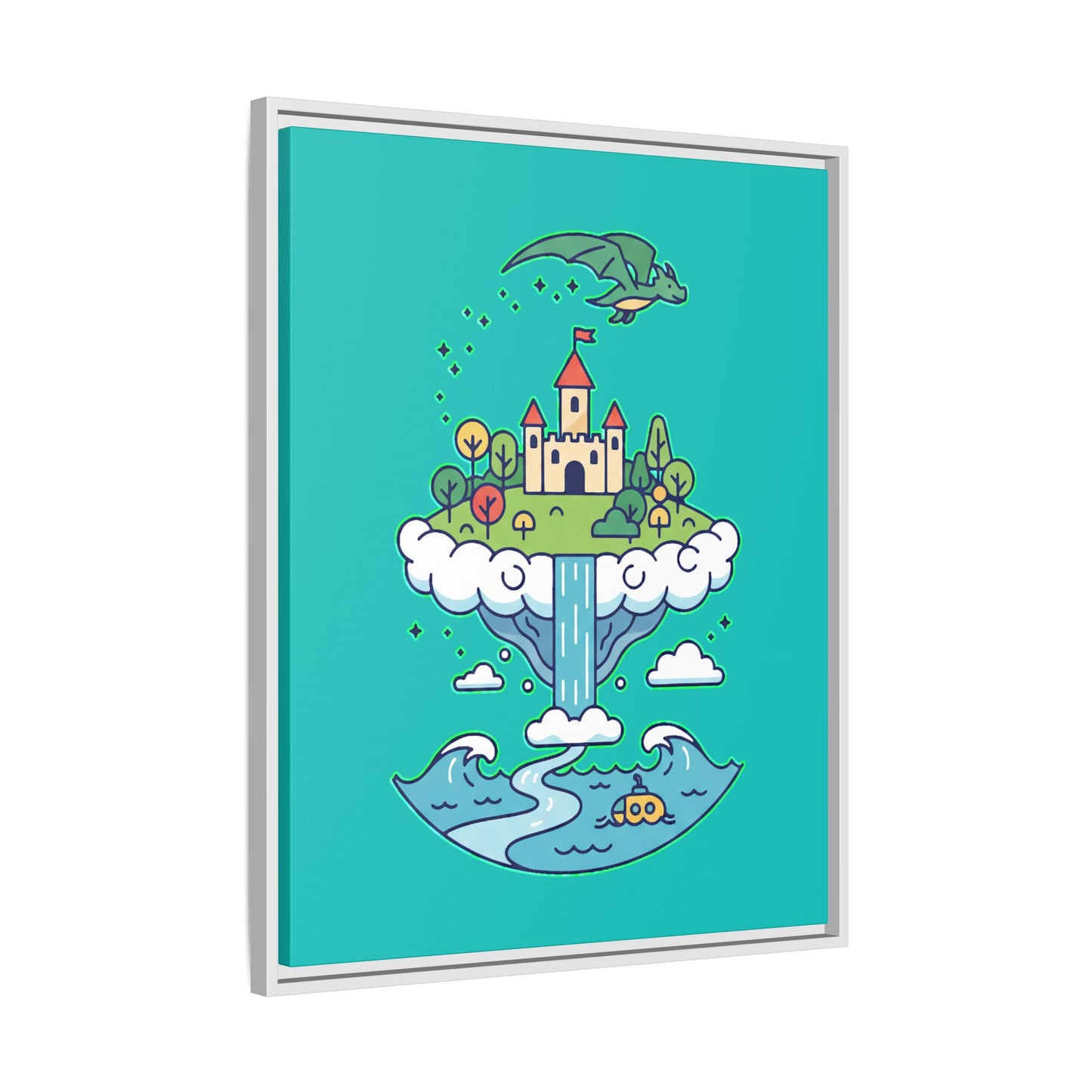 Floating Castle Dragon - Magical Fantasy Island - Framed Canvas