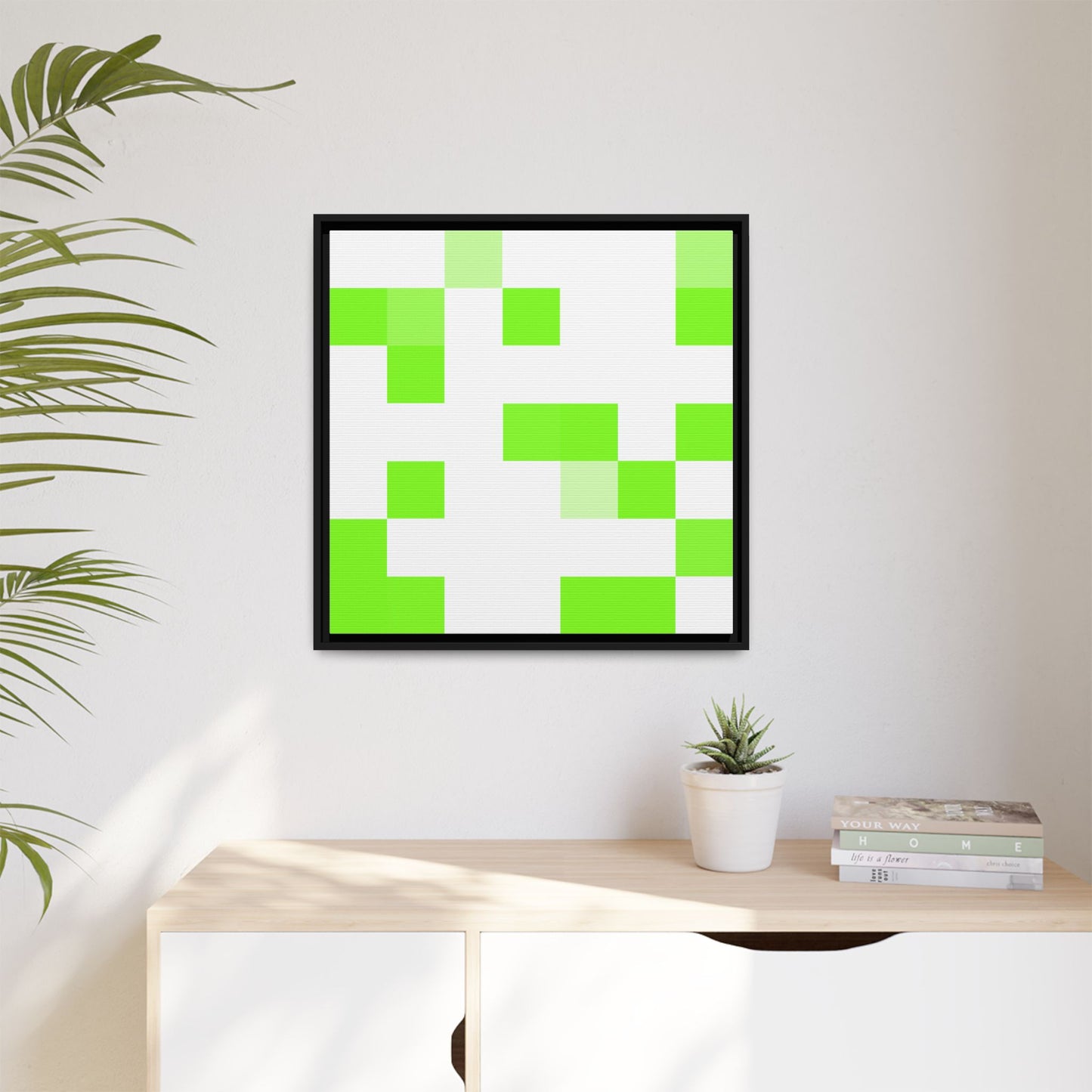 Lime Green Pixel Grid - Framed Canvas