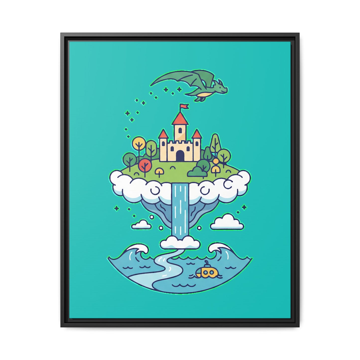Floating Castle Dragon - Magical Fantasy Island - Framed Canvas