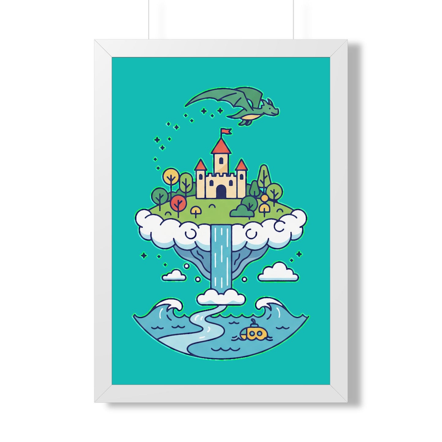 Floating Castle Dragon - Magical Fantasy Island - Framed Poster
