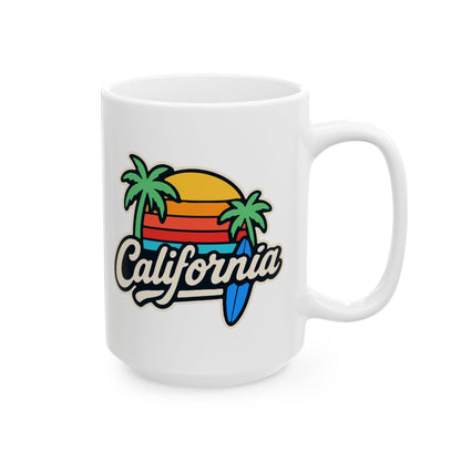 California Sunset Ceramic Mug, Tropical Beach Coffee Cup, Gift for Surf Lovers, Palm Tree Decor, Vacation Vibes