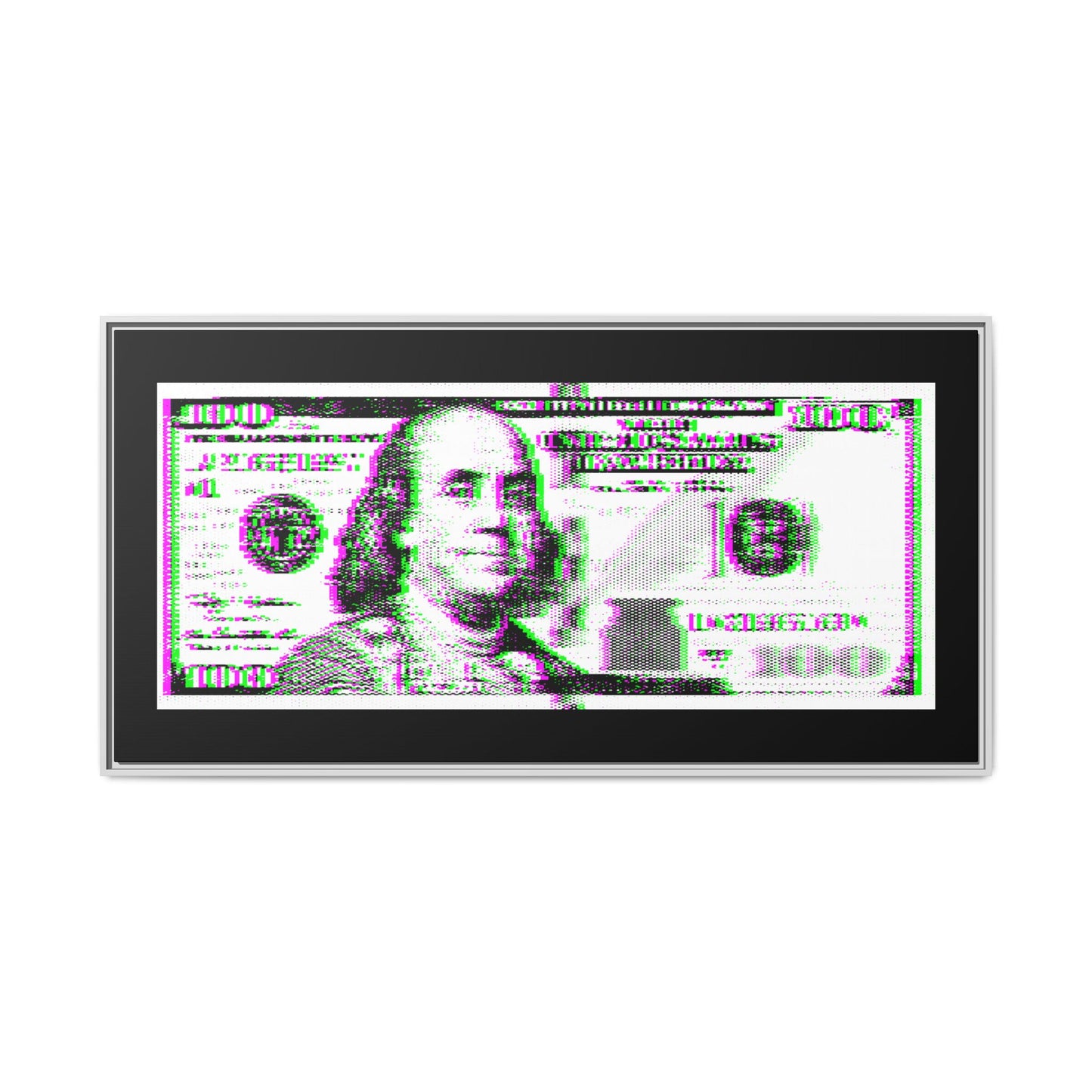 100 Dollars Bill - Green/Magenta Glitch - Framed Canvas