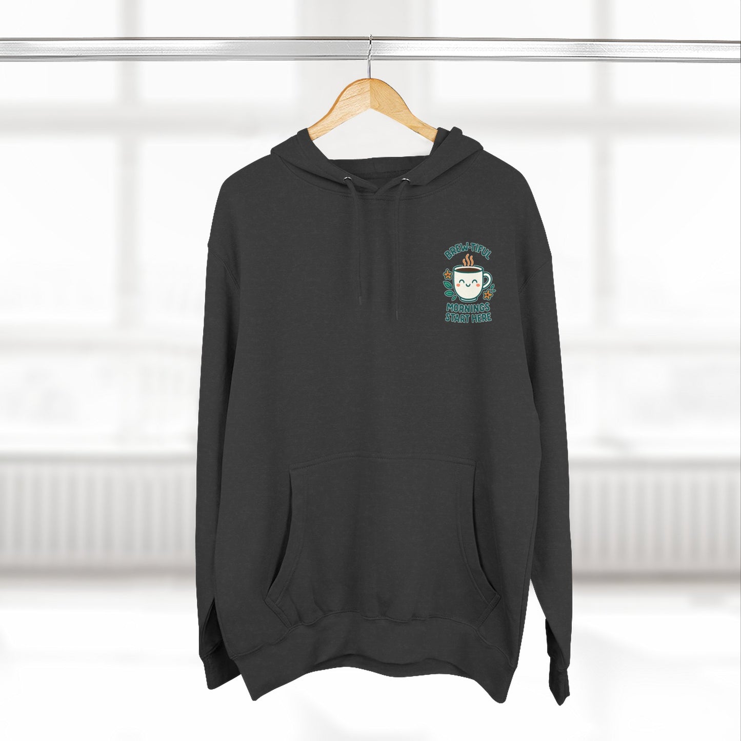 Brew-tiful Mornings Start Here, Cozy Three-Panel Fleece Hoodie, Perfect for Fall, Casual Outfit, Gift for Her, Layering Essential, Relaxed Style