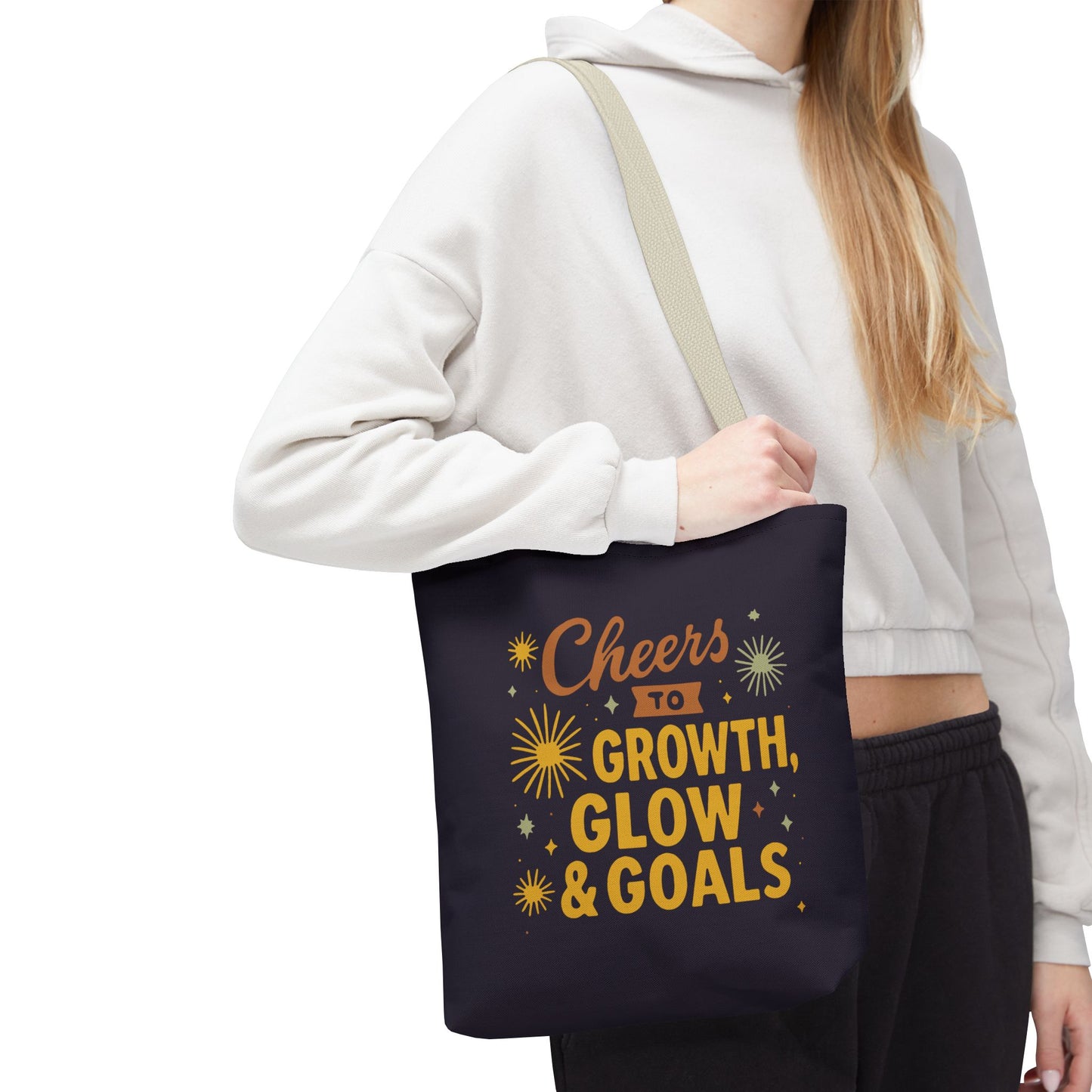 Cheers to Growth Tote Bag, Motivational Gift for Goals, Daily Use, Eco-Friendly Shopping, Inspirational Quotes, New Year's Vibes