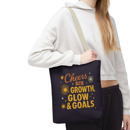 Cheers to Growth Tote Bag, Motivational Gift for Goals, Daily Use, Eco-Friendly Shopping, Inspirational Quotes, New Year's Vibes