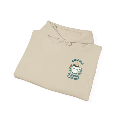Brew-tiful Mornings Start Here Hoodie, Unisex Sweatshirt for Coffee Lovers, Cozy Gift