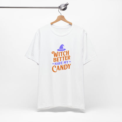 Halloween Witch Candy Tee, Funny Halloween Shirt, Unisex Halloween T-Shirt, Casual Fall Apparel, Trick or Treat Outfit