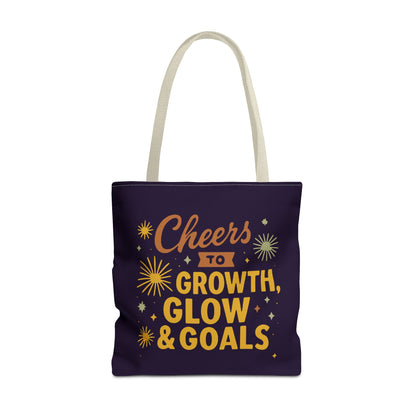 Cheers to Growth Tote Bag, Motivational Gift for Goals, Daily Use, Eco-Friendly Shopping, Inspirational Quotes, New Year's Vibes