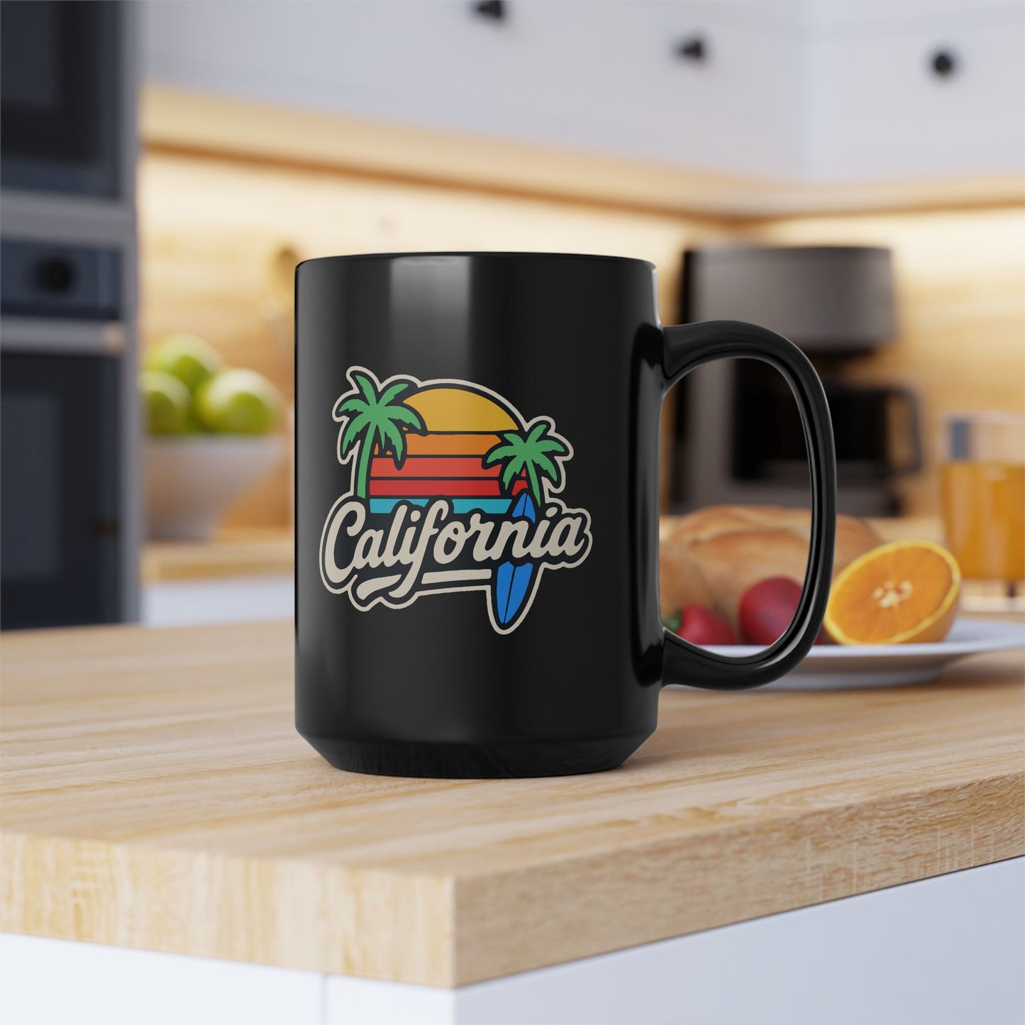 California Vibe Black Mug, Surfing Coffee Cup, Beach Lover Gift, Tropical Home Decor, Summer Drinkware, Gift for Surfers