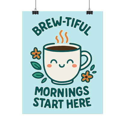 Charming Coffee Wall Art Print, Cute Brew-tiful Mornings Poster, Kitchen Decor, Gift for Coffee Lovers, Hygge Home Style