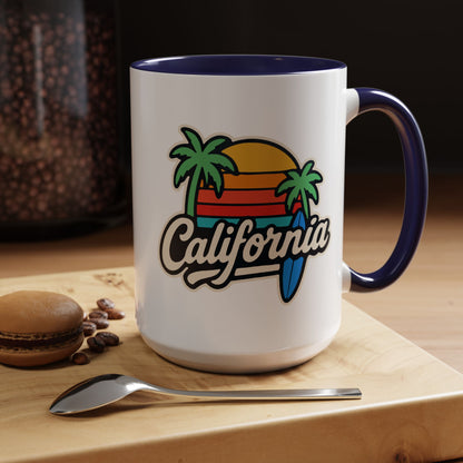 California Surf Vibes Accent Coffee Mug - Great for Beach Lovers, Gift for Surfers, Vacation Memento, Summer Collections, Retro Style
