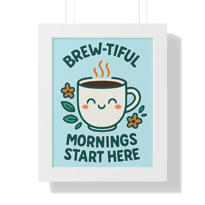 Cute Coffee Wall Art, Brew-tiful Mornings Poster, Kitchen Decor, Gift for Coffee Lovers, Floral Artwork, Home Office Print