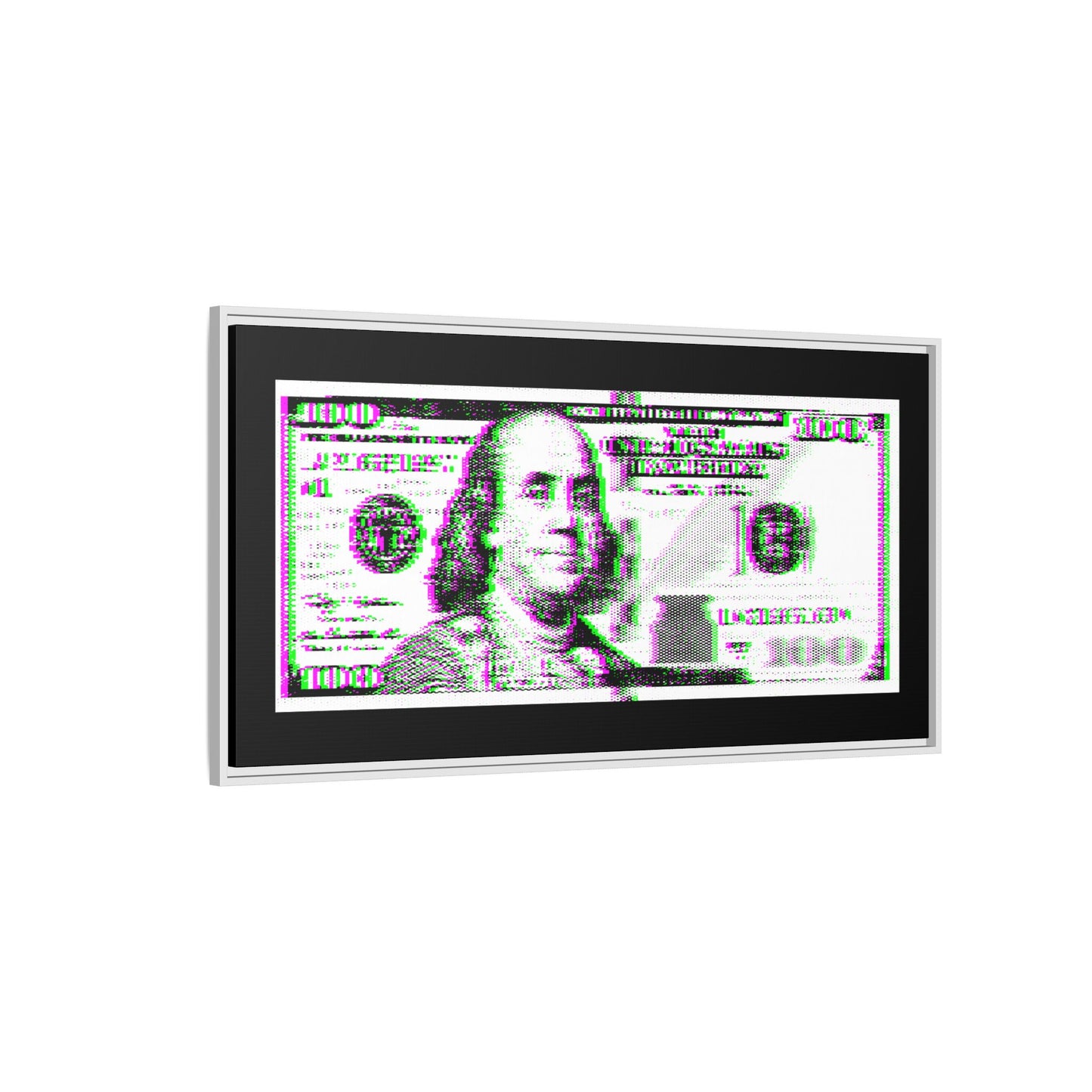 100 Dollars Bill - Green/Magenta Glitch - Framed Canvas