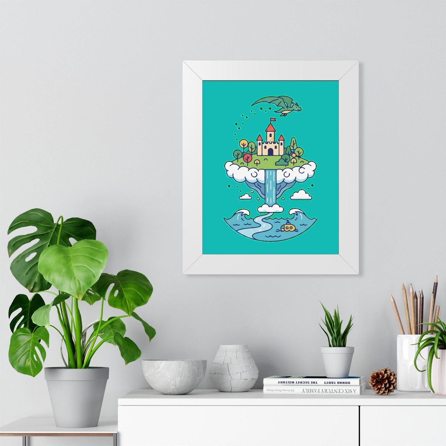 Floating Castle Dragon - Magical Fantasy Island - Framed Poster